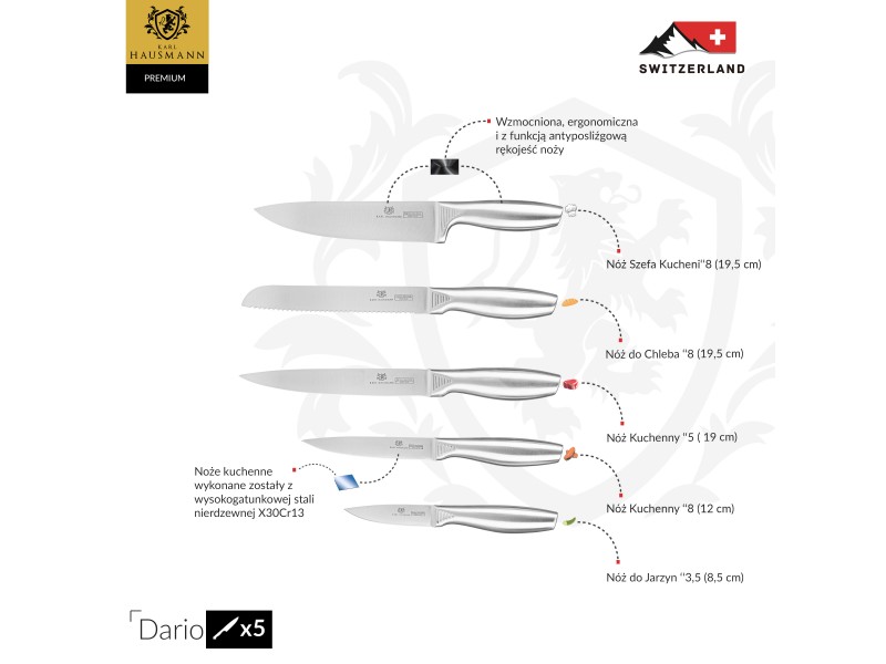ZESTAW NOŻY KUCHENNYCH OSTRYCH 5 SZT. DARIO