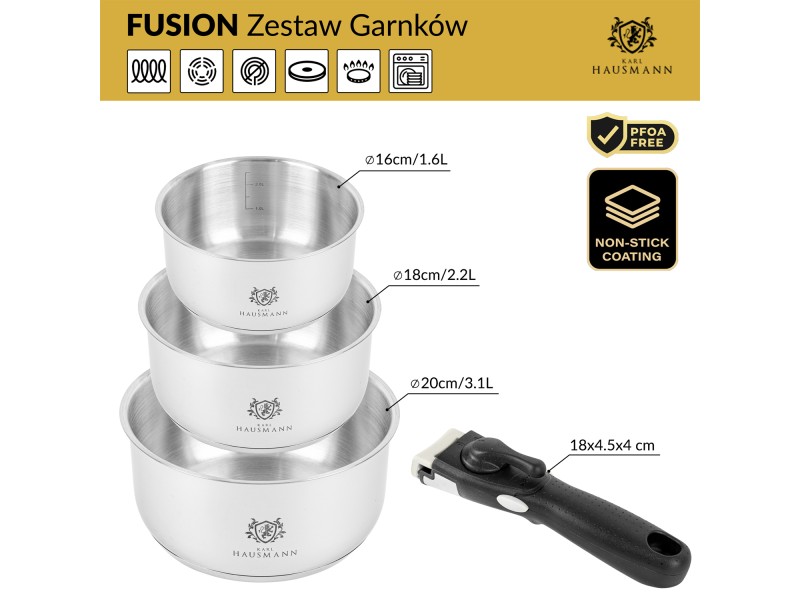 ZESTAW GARNKÓW STALOWYCH Z ODPINANĄ RĄCZKA FUSION 4 EL.