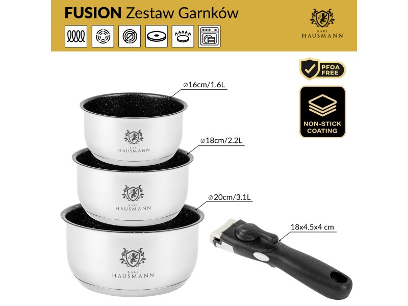 ZESTAW GARNKÓW STALOWYCH Z ODPINANĄ RĄCZKA FUSION-2 4 EL.