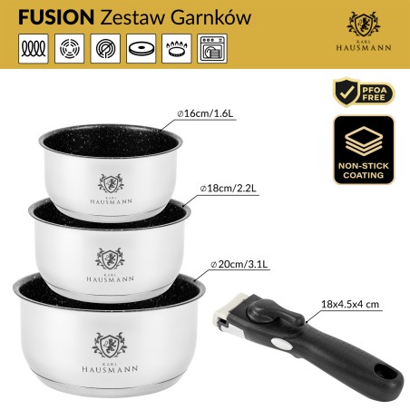 ZESTAW GARNKÓW STALOWYCH Z ODPINANĄ RĄCZKA FUSION-2 4 EL.