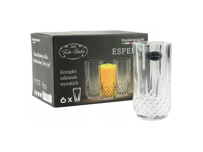 Zestaw 6 Szklanek do Napojów Whisky Drinków 246 ml Szklanki Wysokie Esperia FESTA ITALIA Szkło Prezent