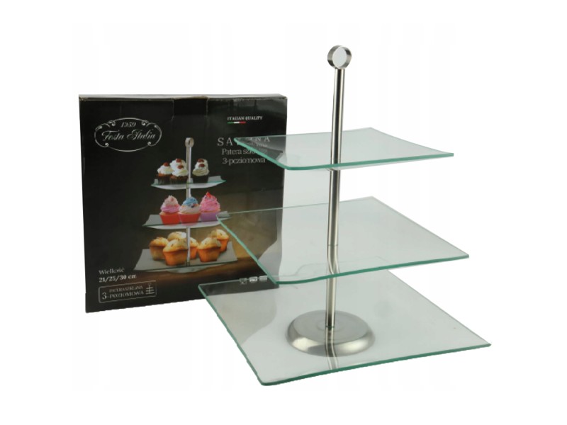 Szklana patera 3-poziomowa FESTA ITALIA Savona – do ciasta, owoców i deserów, 40 cm