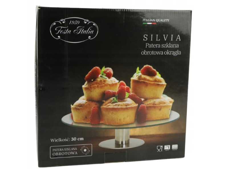Szklana Patera Obrotowa 30 cm Silvia – FESTA ITALIA Elegancka Patera do Tortu, Ciasta, Owoców