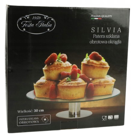 Szklana Patera Obrotowa 30 cm Silvia – FESTA ITALIA Elegancka Patera do Tortu, Ciasta, Owoców