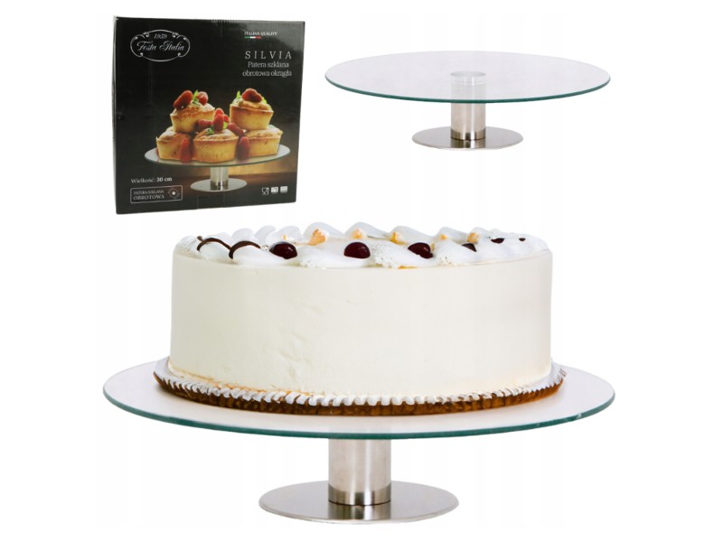 Szklana Patera Obrotowa 30 cm Silvia – FESTA ITALIA Elegancka Patera do Tortu, Ciasta, Owoców