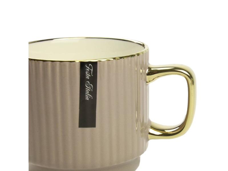 Porcelanowy kubek 320 ml ciemnobeżowy ze złotym zdobieniem – elegancki kubek do kawy i herbaty Festa Italia