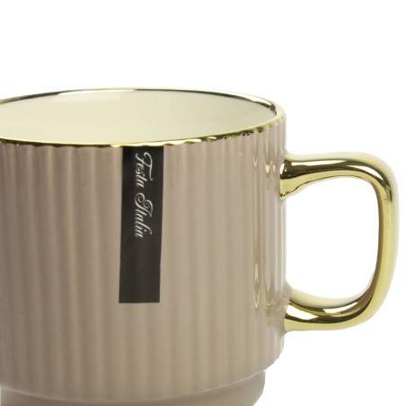 Porcelanowy kubek 320 ml ciemnobeżowy ze złotym zdobieniem – elegancki kubek do kawy i herbaty Festa Italia