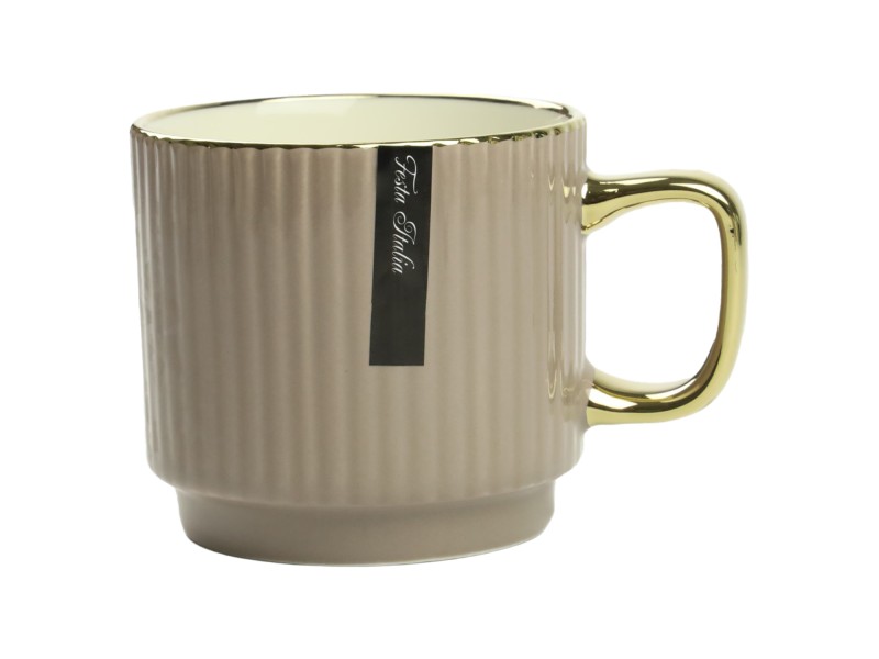 Porcelanowy kubek 320 ml ciemnobeżowy ze złotym zdobieniem – elegancki kubek do kawy i herbaty Festa Italia