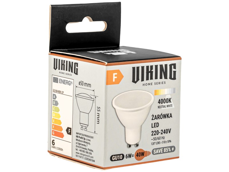 Żarówka LED GU10 6W 4000K Neutralna Biała Zamiennik 40W Energooszczędna Bez Migotania