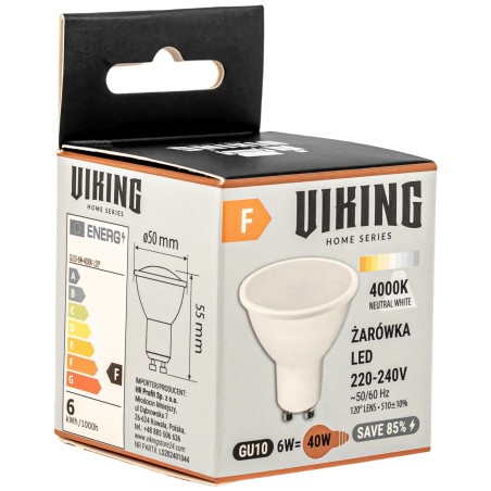 Żarówka LED GU10 6W 4000K Neutralna Biała Zamiennik 40W Energooszczędna Bez Migotania
