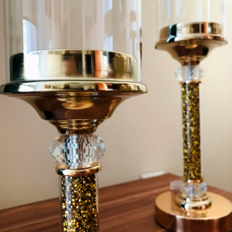 Świecznik kryształowy na nóżce zdobiony złoty 43 cm Festa Italia
